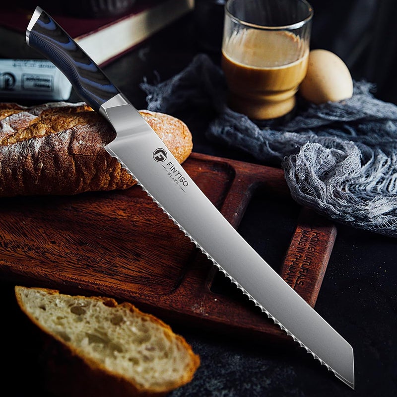 FINTISO Bread Knife 10 Inch, Serrated Bread Cutter with Razor Sharp Japanese High Carbon Stainless Steel Blade & G10 Ergonomic Handle, Wavy Edge Knife for Bread, Cake & Pastries, Ideal Baking Gift - Image 5
